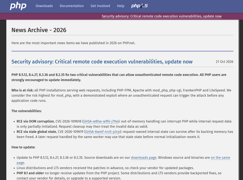 Security advisory: Critical remote code execution vulnerabilities, update now(PHP公式) スクリーンショット